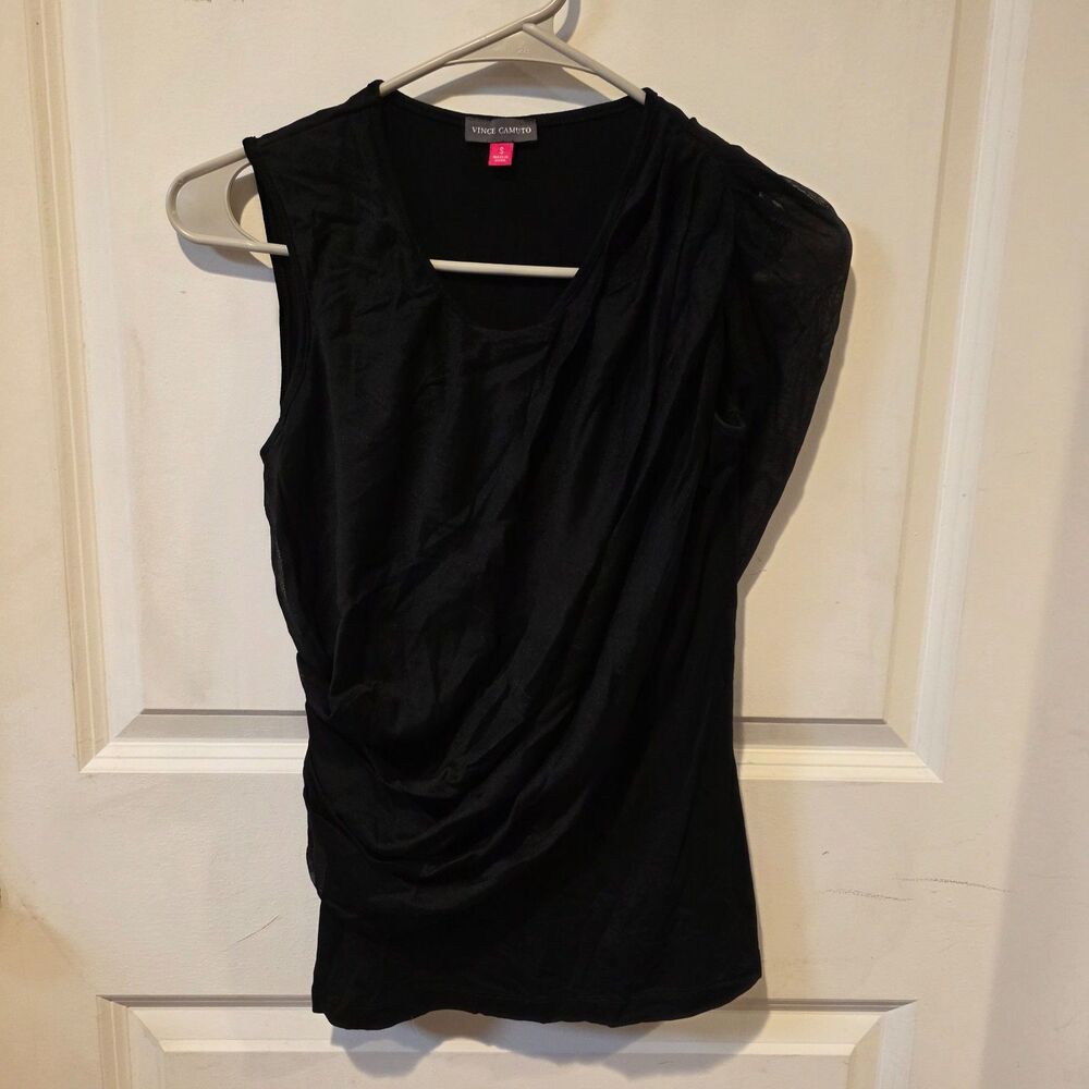 Vince Camuto Black Draped Sleeveless Blouse Sheer Overlay Asymmetrical Size S